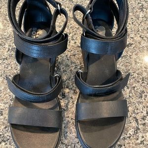 Sorel Black Leather Strappy Wedges